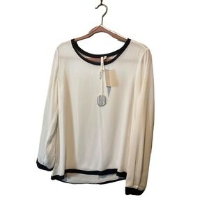 Bellatrix Blouse Top‎ Women's M White/Blue Long Sleeve Crew Neck Polyester
